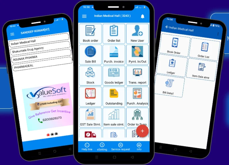 ValueSoft mobile apps showing orders, ledger, stock and reports