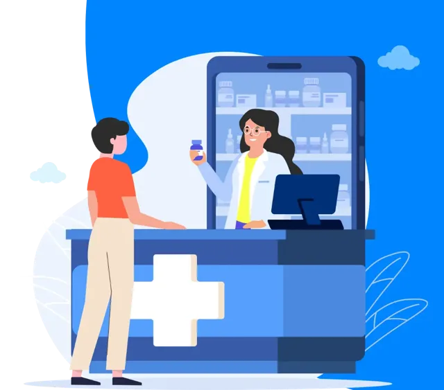 Illustration of a medical store counter using pharmacy billing software