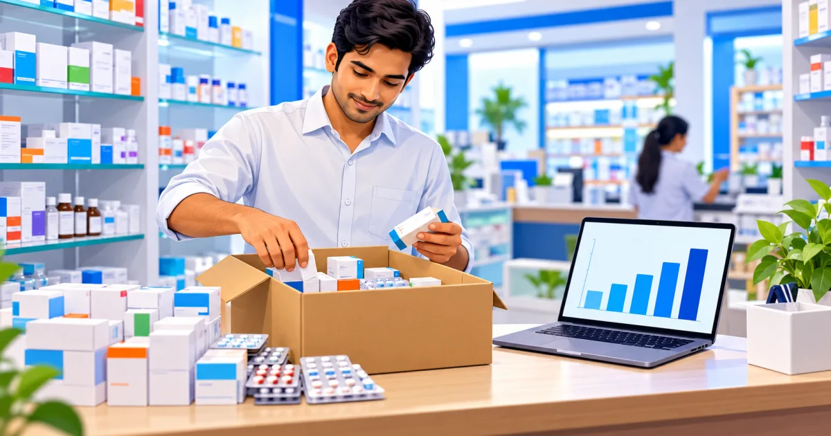 An Indian pharmacist organizing medicine boxes for return on a shop counter in a tidy retail medical store.
