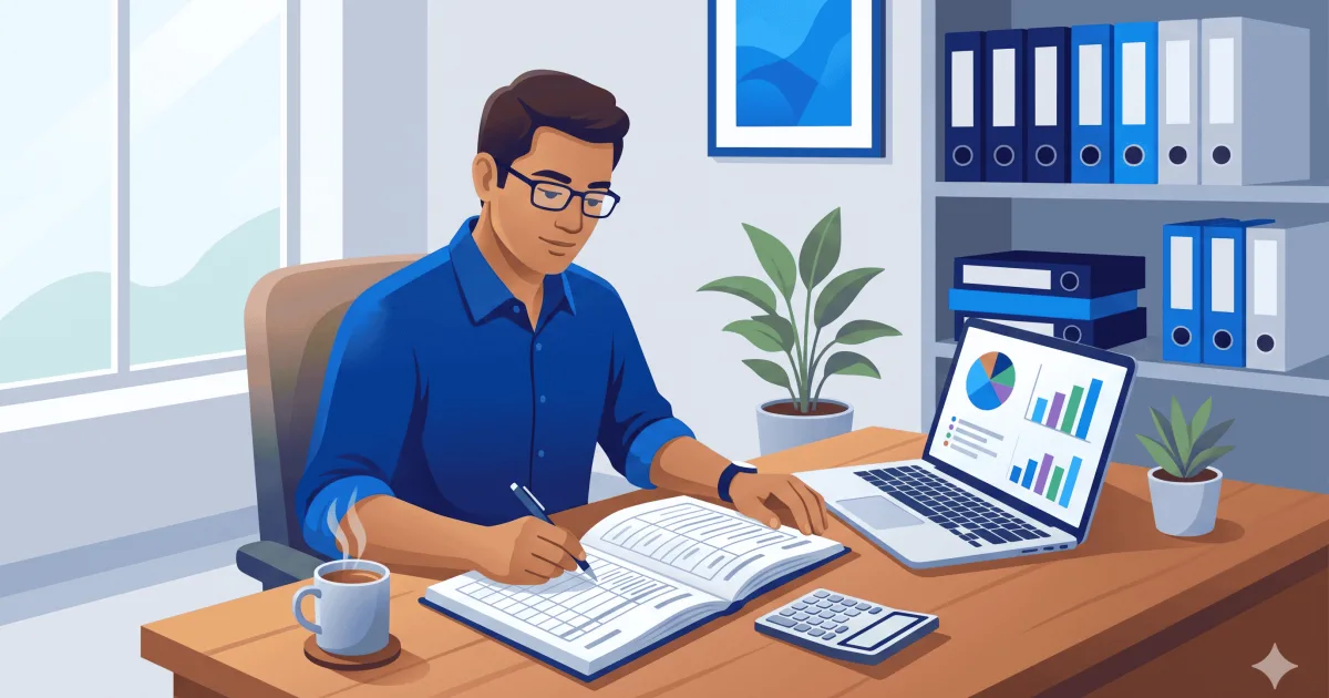 Indian accountant comparing ledgers and laptop data at an office desk beside a calculator and tea.