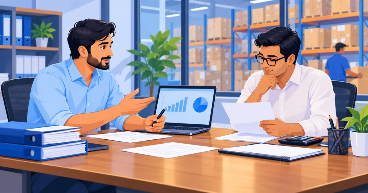 An Indian distributor and accountant reviewing payables at a desk with warehouse stock visible in the background.